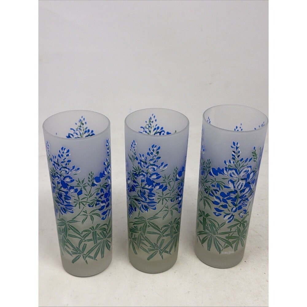 Set of 3 Vintage NEIMAN MARCUS Frosted Blue Floral Highball Glasses 6.75" Rare